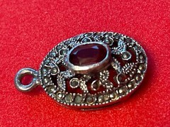 STERLING Silver Marked CW Almandine Garnet AND Marcasite Round Pendant C05