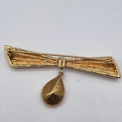 Monet Gold Tone Bow Brooch with Teardrop Crystal Dangle Pin Vintage Signed