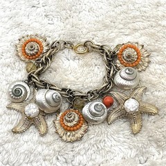 Vintage Chunky Charm Bracelet Sea Shell Bead Starfish Signed Germany 7″