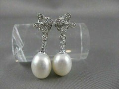 ANTIQUE DIAMOND 11M OVAL SEA PEARL 14K WHITE GOLD HANGING FILIGREE EARRINGS #836