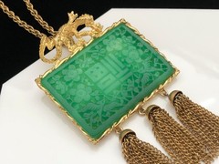 Vintage 1960s Signed HATTIE CARNEGIE Dragon & Faux Jade Tassel Necklace Brooch