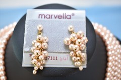 Vintage signed Marvella faux pink pearl 5 strand necklace 23″ & match earrings
