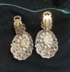 Vintage Porcelain Filigree Courting Couple Art Brooch and Earrings Set