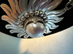 TAXCO MEXICO LPV VTG STERLING SUNFLOWER MABE PEARL BOLD STATEMENT NECKLACE 123g