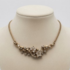 Vintage Gold Tone Clear Rhinestone Choker Necklace Ornate Square Baguette Stones
