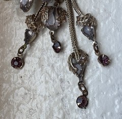 Vintage Estate Flower Brooch Rhinestones Amethyst & Clear Dangle Prong Set
