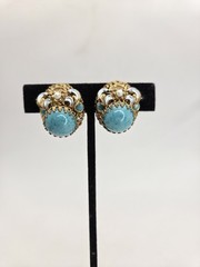 Vintage West Germany Blue Earrings Glass Cab Enamel Signed Clip Ons Rhinestone
