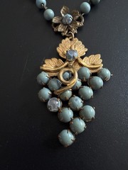 Antique Czech Glass Grape Cluster Necklace Brass Blue Bead Art Deco Neiger Style