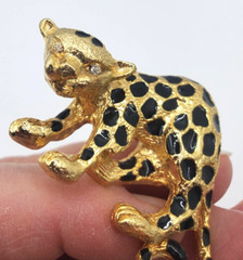 Leopard Cheetah Cat Pin Arched Back Black Enamel Rhinestone Eyes