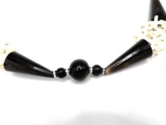 Vintage Tribal Bone Necklace Mother of Pearl Black Horn Statement Beaded 25 in