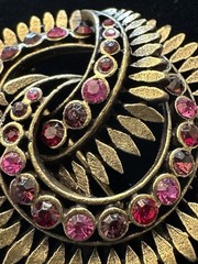 Vintage 1990s Pink and Purple Rhinestone Swirl Pin w/Brass Toned Finish