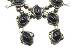 Vintage Silver Tone Black Onyx Squash Blossom Statement 24in Western Nickle