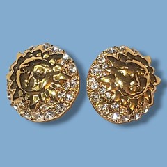 Vintage Gold Sun Face Rhinestone Clip On Earrings Celestial Statement Jewelry