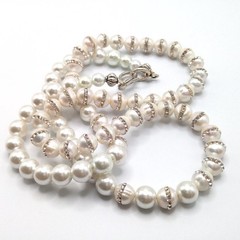 Handcrafted Freshwater Pearl Rhinestone Necklace 32” Long Statement Strand