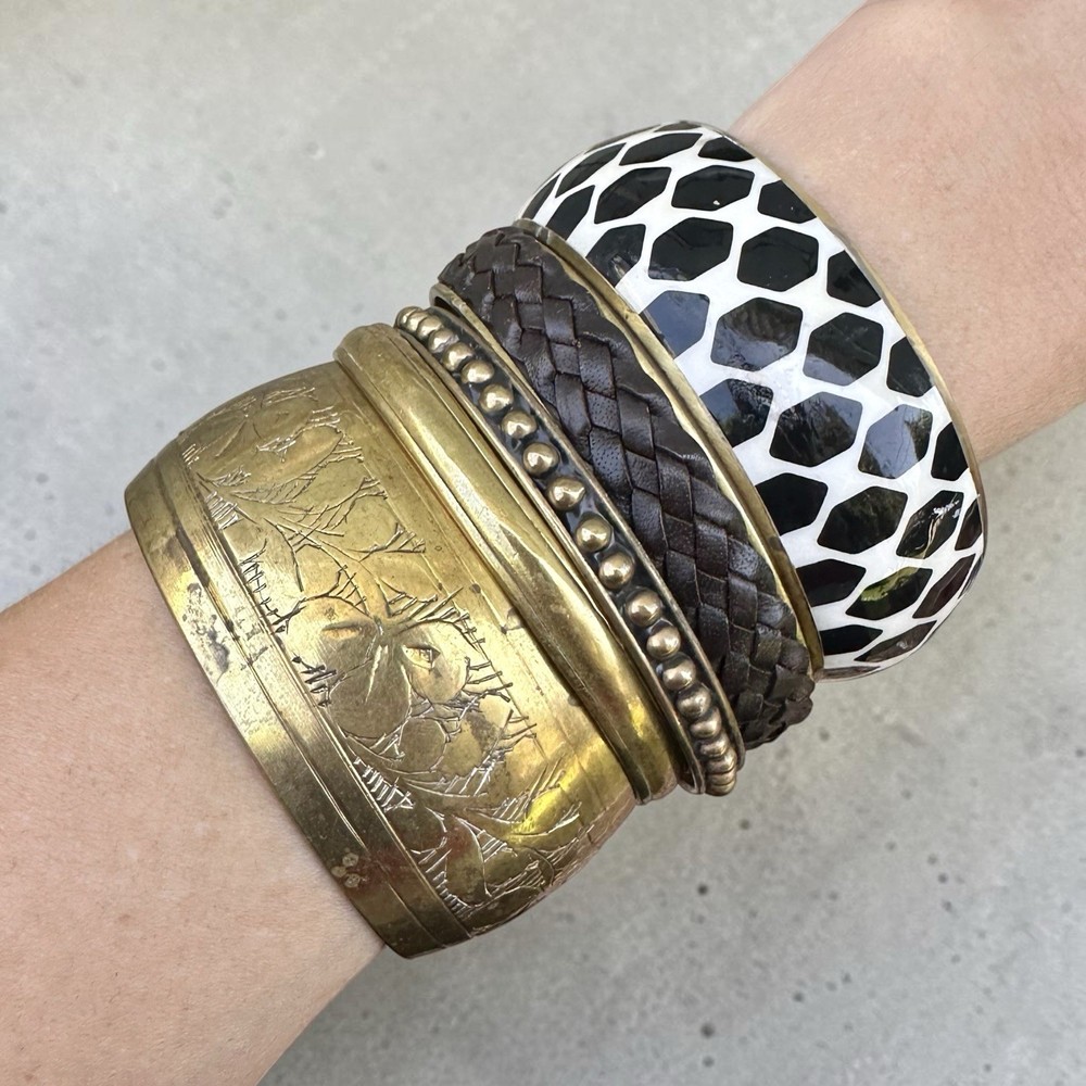 Geometric Brass Bracelet Stack Enamel Bangle Vintage Leather Black White Safari