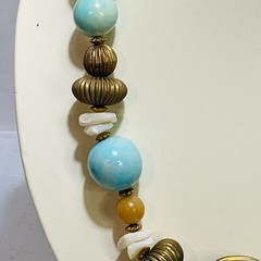Vintage Designed By Paula Faux Necklace wood, plastic, metal & stone teal bronze