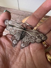 Antique 950 Silver Filigree Butterfly Brooch Large Ornate Trombone Clasp 3”