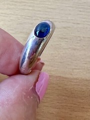 VINTAGE BLUE SPINEL CABOCHON FLUSH SET GYPSY STYLE RING 925 STERLING SILVER