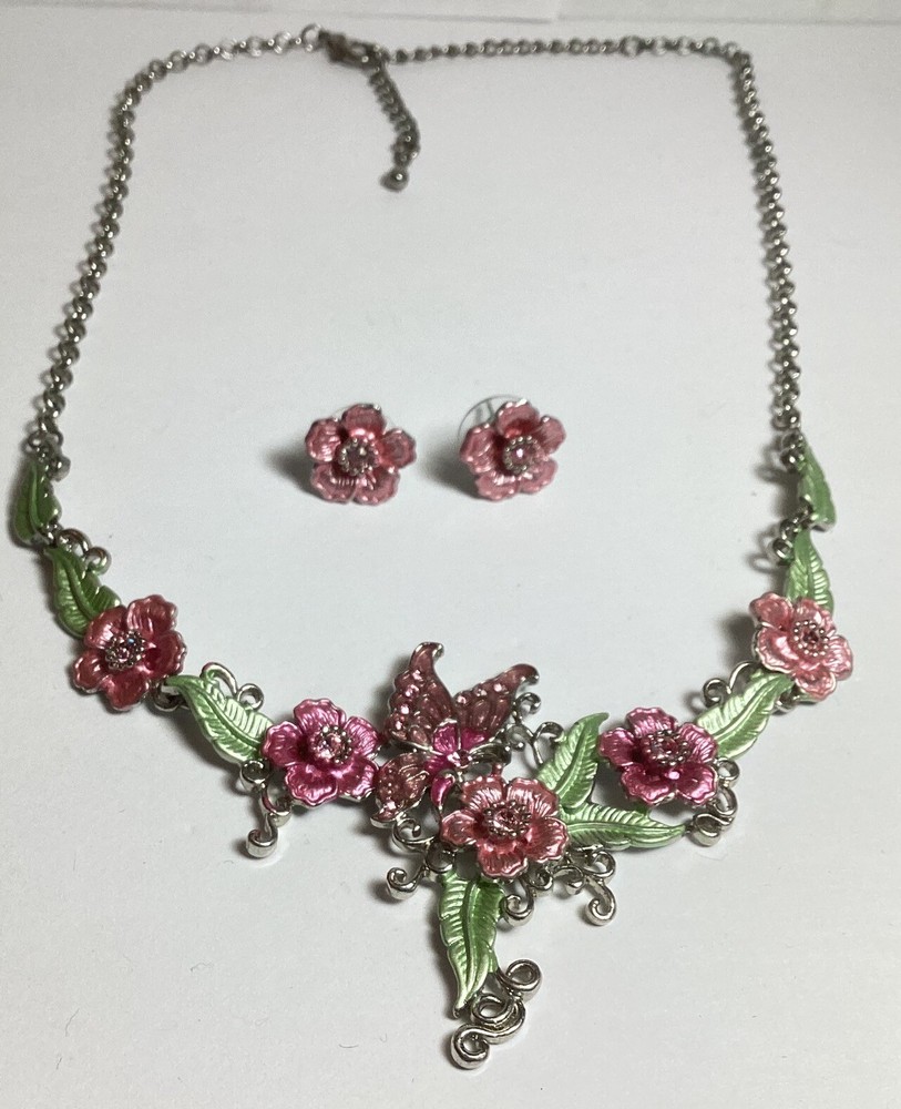 20” PINK & GREEN ENAMEL FLORAL NECKLACE & PIERCED EARRINGS SET PINK RHINESTONES