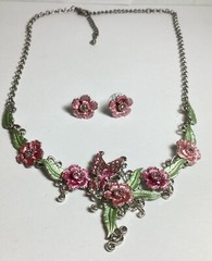 20” PINK & GREEN ENAMEL FLORAL NECKLACE & PIERCED EARRINGS SET PINK RHINESTONES