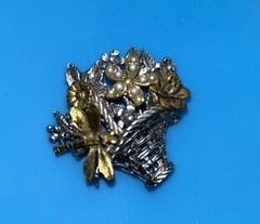 Gold Tone Pewter Dragonfly Faux Pearl Brooch Floral Basket Nature Vintage Garden