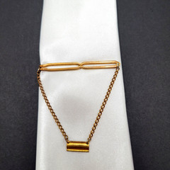Retro Brass Open Metal Slide Bar with Draping Chain Plaque Vtg Tie Clip Clasp
