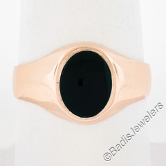 Unisex Vintage European 18K Rosy Gold Inlaid Oval Black Onyx Solitaire Band Ring