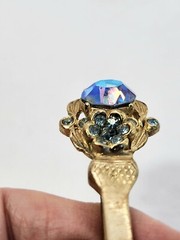 Vtg Sword Saber Brooch Dress Coat Kilt Pin Gold Tone AB Blue Rhinestone 3.5 In