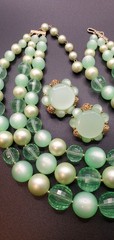 2 Pc Vtg Mint Green: CORO 3 Strand Necklace, LISNER Thermoset Clip Earrings