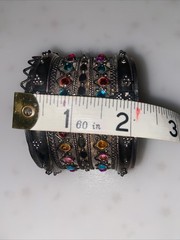 Moroccan 2” Wide Ornate Silver Tone Faux Stones Hinged Belly Dance BRACELET