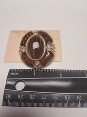 Vintage Two Sisters Medici Amber Tiger Eye Rhinestone Gold Tone Brooch Pin