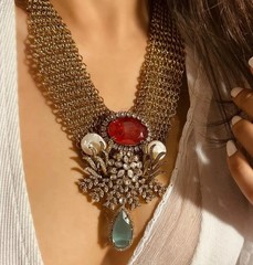 Gold tone Kundan & Polki Mesh Necklace Set with Ruby and Pearl