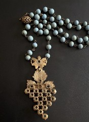 Antique Czech Glass Grape Cluster Necklace Brass Blue Bead Art Deco Neiger Style