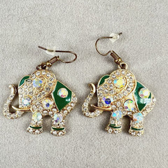 AB Beaded Elephant Earrings Boho Green Enamel Rhinestone Lucky Dangle Gold Tone