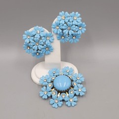 Vintage Blue Flower Brooch and Clip on Earring Set Rhinestone Plastic