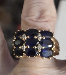 Vintage Blue Sapphire & Diamond Chip Cluster Ring, Size 6, Gold Plated Statement