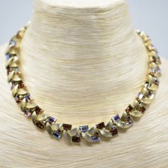 Francois Vintage Crystal Leaf Necklace Collar Baguette Rhinestone Signed Bin4