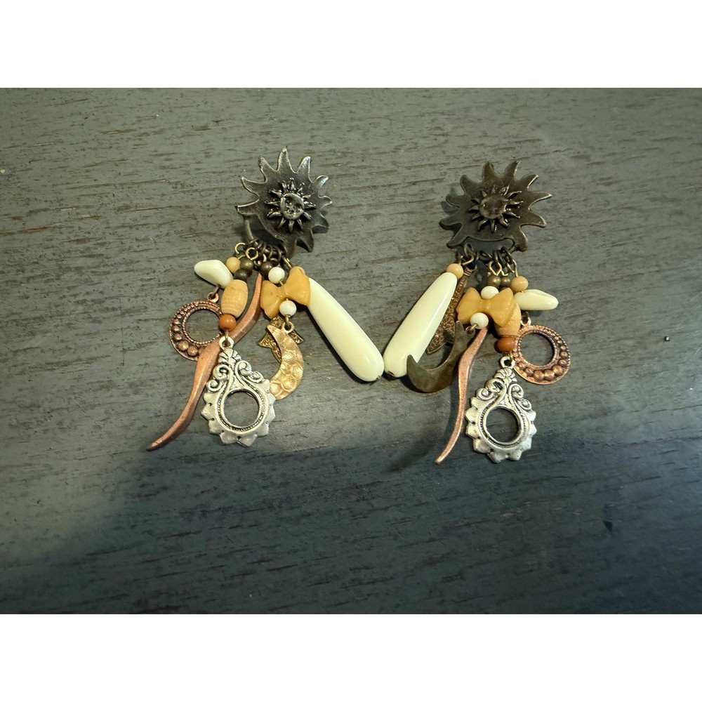 Vintage Mixed Metal Celestial Sun Moon Star Dangle Earrings Boho Statement