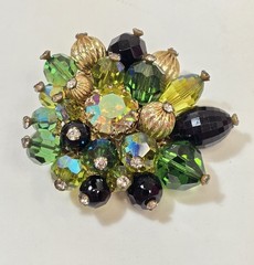 Vintage Vendome Brooch Hreen AB Black Crystal Gold Beads Rhinestones