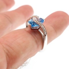 14k Solid White Gold Natural Blue Topaz and Diamond Over the Top Ring Size 6.75