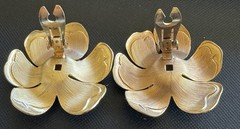Vintage Clip Earrings Huge Flower Blue Cabochon Flower Statement Gold Tone 80s