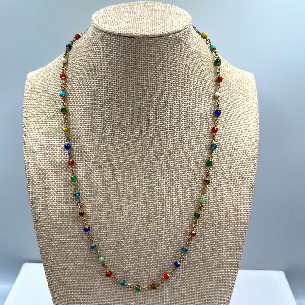 Vintage Multicolor Glass Bead Chain Station Necklace Gold Tone 22″ Minimalist