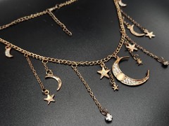 #0243 – Moon & Stars Charm Necklace Antique Gold Tone Rhinestone Celestial…