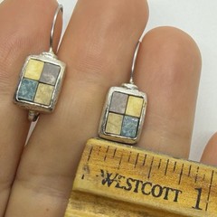 Vtg Boho Mosaic Tile Silvertone Leverback Drop Earrings