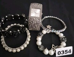 Women’s Pre-owned Lot Of 5 Silver Black Bracelets & Watch