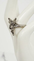 Vintage Silver Tone Pixie Fairy Statement Ring Winged Angel Costume Jewelry