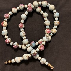 Vintage Hand Painted Porcelain Bead Necklace Turquoise Color Blue With Roses