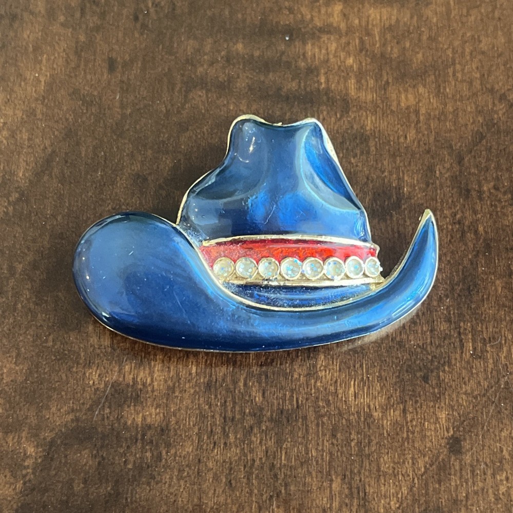 Vintage Cowboy Hat Brooch Blue Enamel With White Rhinestone’s Fashion Jewelry