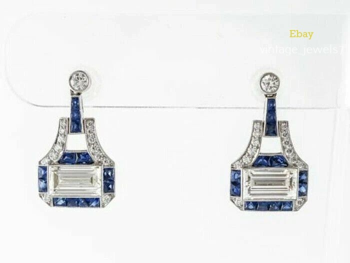Art Deco 2CT Emerald Cut Lab Created Diamond Vintage Drop Earring 14K Gold Over