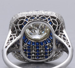 Art Deco Style Round Lab Created Diamond Sapphire Wedding 14K White Gold FN Ring